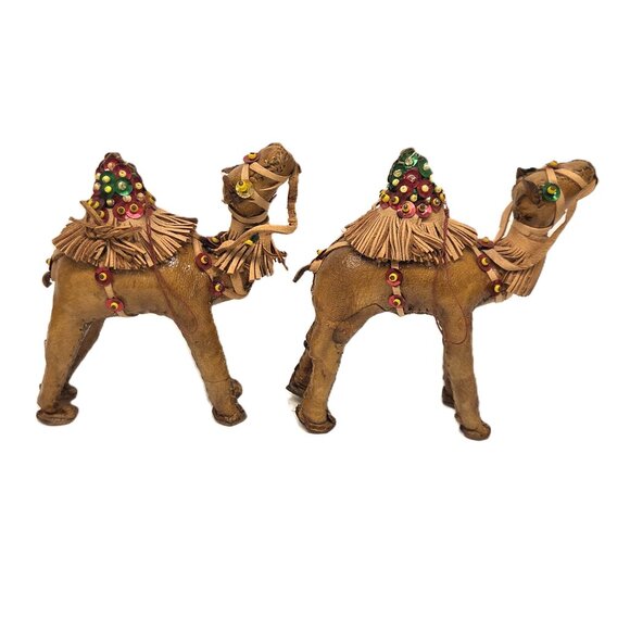 Vtg Leather Camel Ornament Lot x2 4" Handmade Christmas Nativity Figurine - Picture 4 of 9